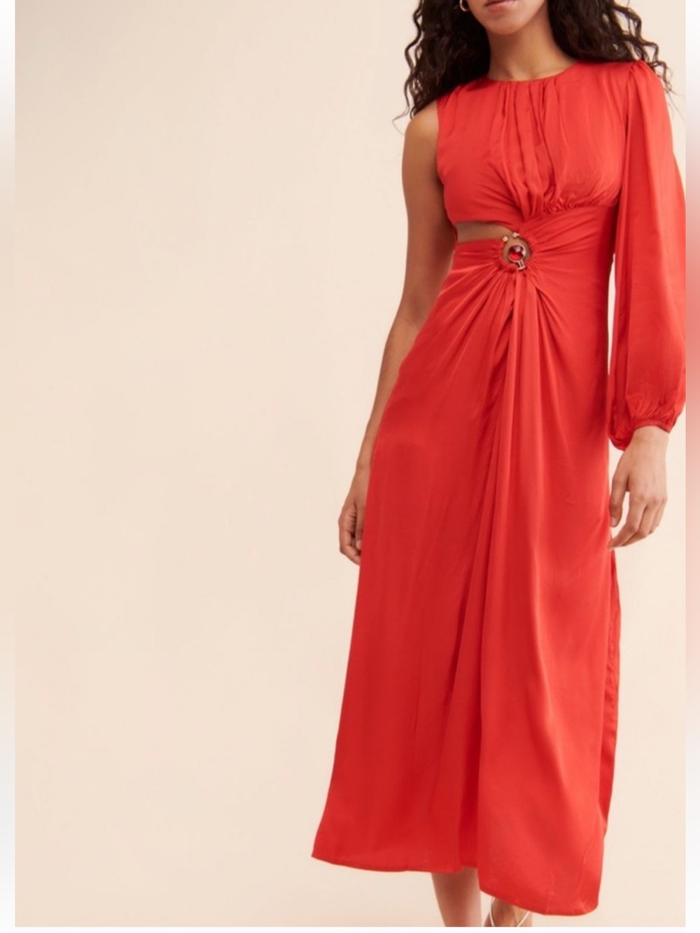 Farm Rio One-Shoulder Maxi Cutout Dress Elegant Red *Flawed